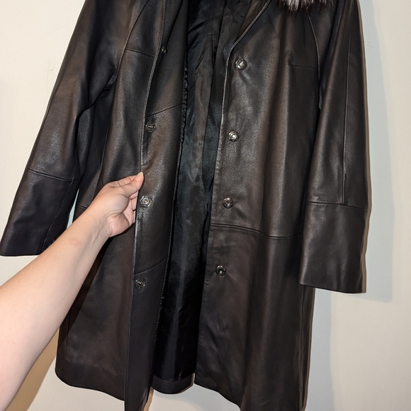 Lamb Fox Fur Collar Genuine Leather Brown Button Front Tunic Jacket Coat Small - Picture 4 of 12